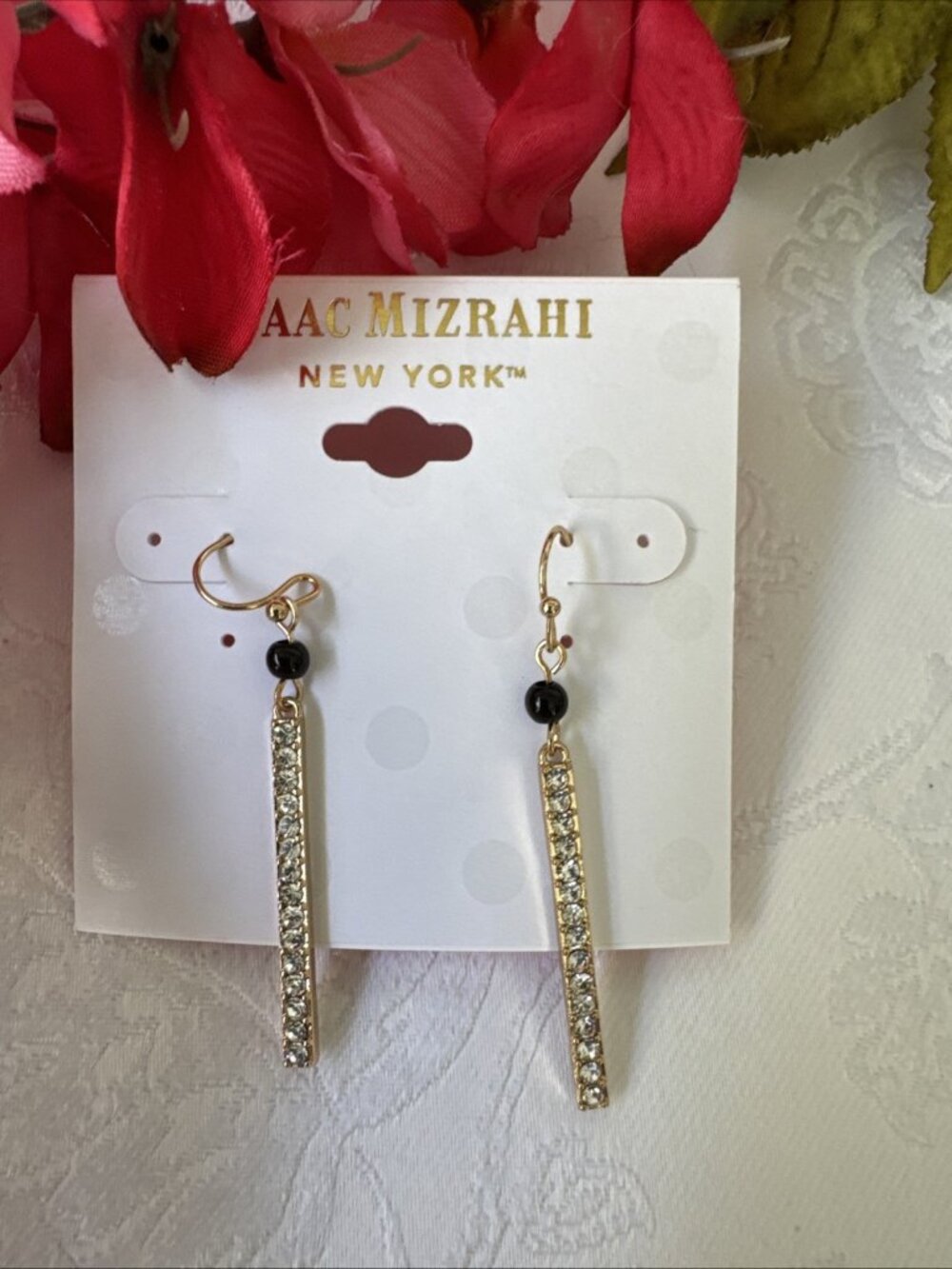 Isaac Mizrahi Rhinestone Bar Shiny Gold Black Bead Earrings 2.2" MSRP $38 NEW